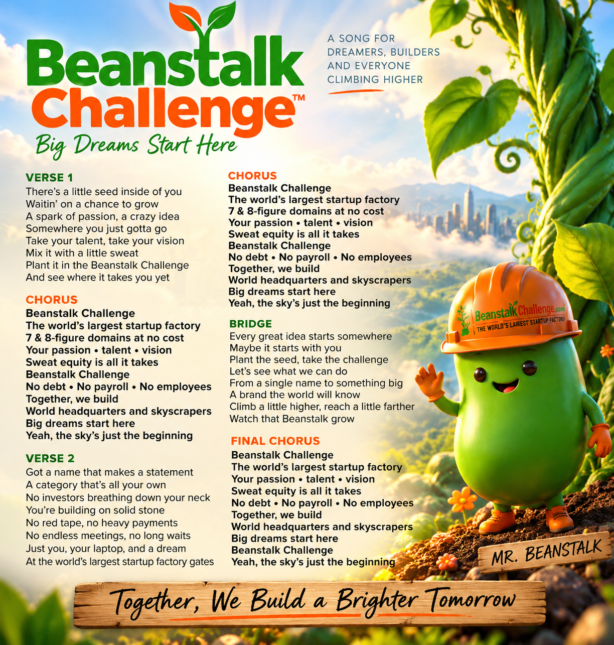 Beanstalk Challenge: Big Dreams Start Here lyric artwork featuring Mr. Beanstalk