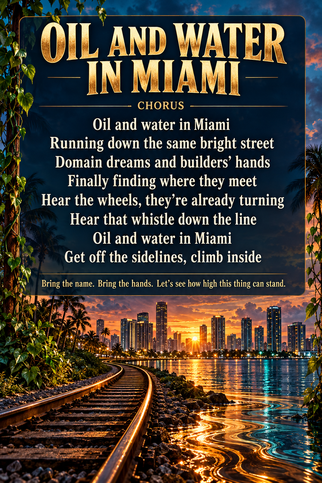 Oil and Water in Miami chorus lyric image showing the Miami skyline, waterfront and railway