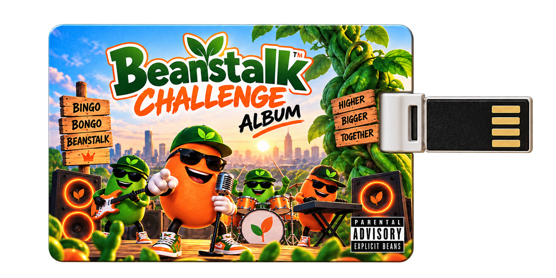Beanstalk Challenge Album USB card featuring the Beanstalk band